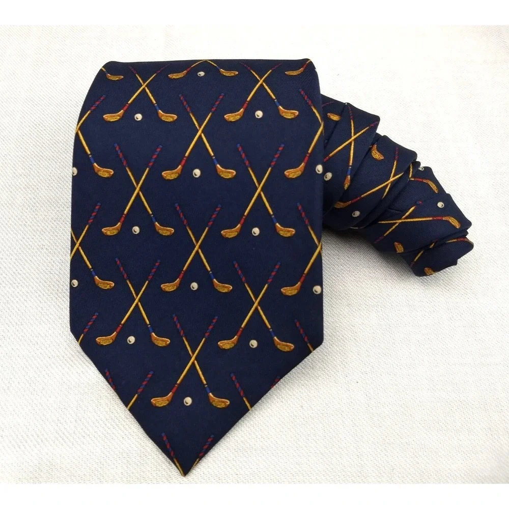 Polo Ralph Lauren 100% Silk Tie‎ Handmade Navy & Tan Golf Clubs Ball USA Vintage